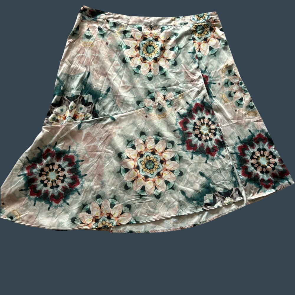 Neon Rose Green Silver Satin Midi Skirt | Asymmetrical Split | Size 26